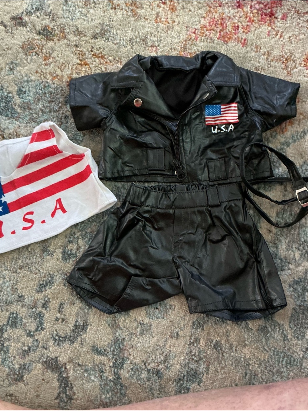 Build-A-Bear Black Pilot Leatherette Outfit with USA Tank